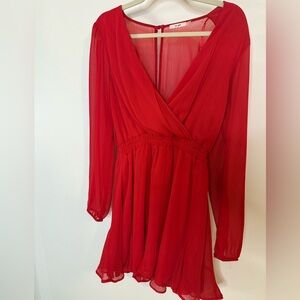 Mi Ami Red Ruched Wrap Dress with Bishop Sleeves